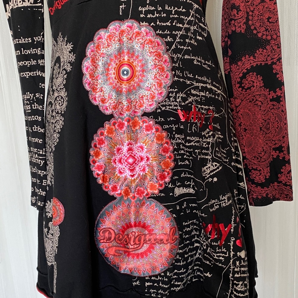 Desigual Black and Red Artistic Long Sleeve Dress Fit & Flare Midi V-Neck Med - Picture 5 of 17